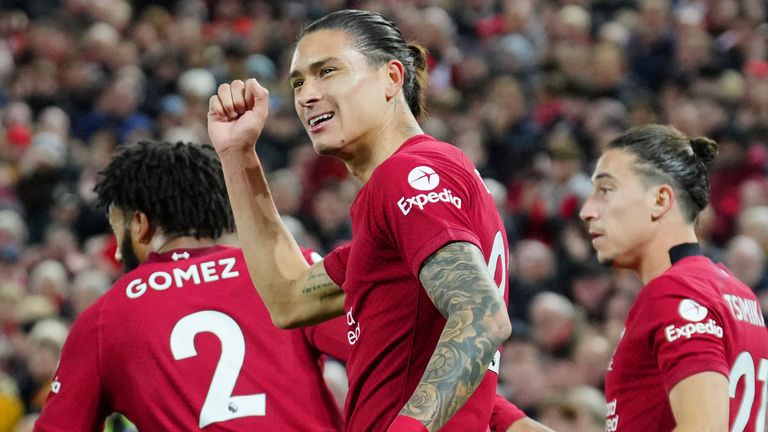 Liverpool&#39;s Darwin Nunez celebrates after scoring his side&#39;s first goal