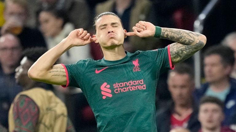 Liverpool's Darwin Nunez celebrates after scoring his side's second goal vs Ajax