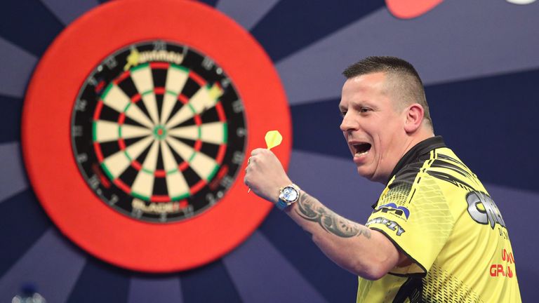 Dave Chisnall celebrates after winning a leg during Day One of the BoyleSports World Grand Prix at the Morningside Arena, Leicester, on Monday 3rd October 2022. (PDC)