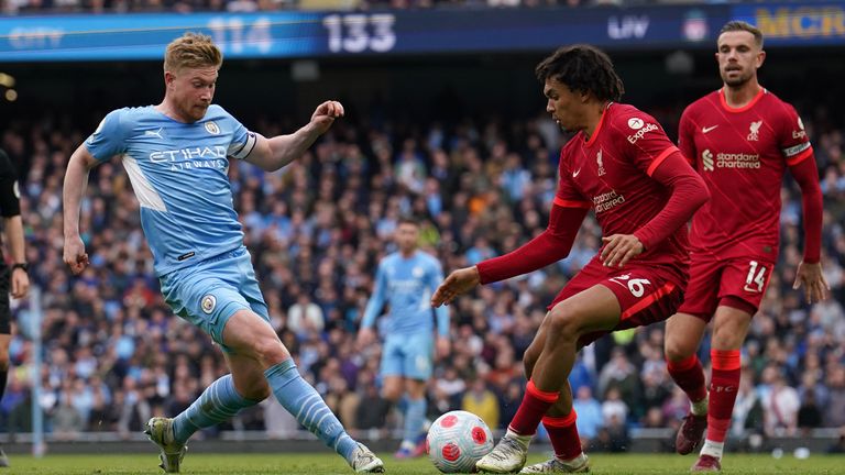 Kevin De Bruyne in action for City vs Liverpool in April