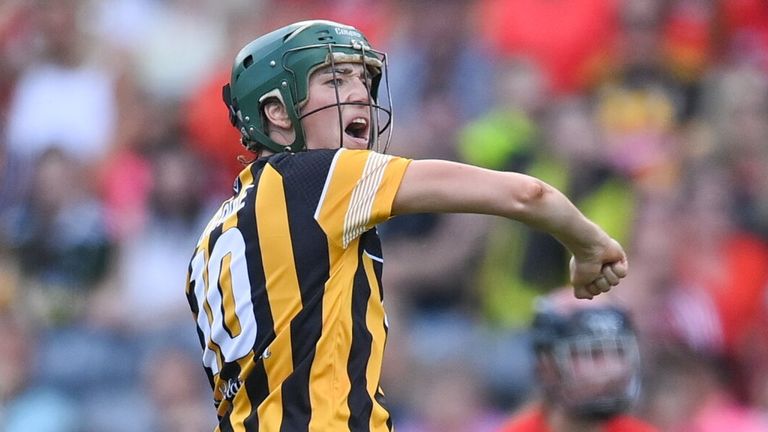 7 August 2022; Denise Gaule of Kilkenny celebrates converting a free during the Glen Dimplex All-Ireland Senior Camogie Championship Final match between Cork and Kilkenny at Croke Park in Dublin. Photo by Seb Daly/Sportsfile