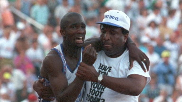 Derek Redmond was helped towards the finish line by his father, Jim, in Barcelona