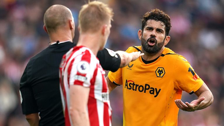 Diego Costa was sent off as Wolves drew at Brentford