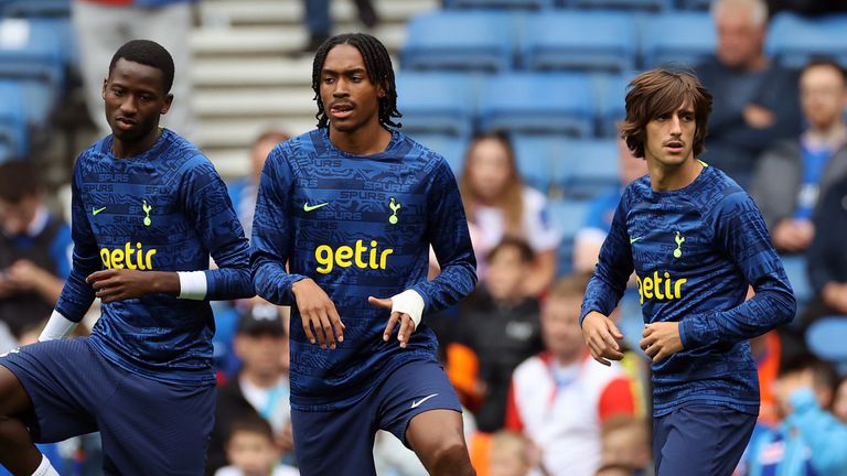 Tottenham&#39;s Djed Spence next to Brian Gil during a pre-season friendly match at Ibrox Stadium