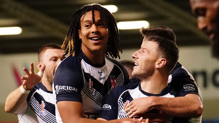 England v Fiji - International Test Match - AJ Bell Stadium
England's George Williams (right) celebrates with Dom Young after scoring their side's fourth try during the international test match at AJ Bell Stadium, Salford. Picture date: Friday October 7, 2022.