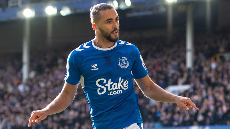 Dominic Calvert-Lewin gestures to the home fans after opening the scoring for Everton against Brighton