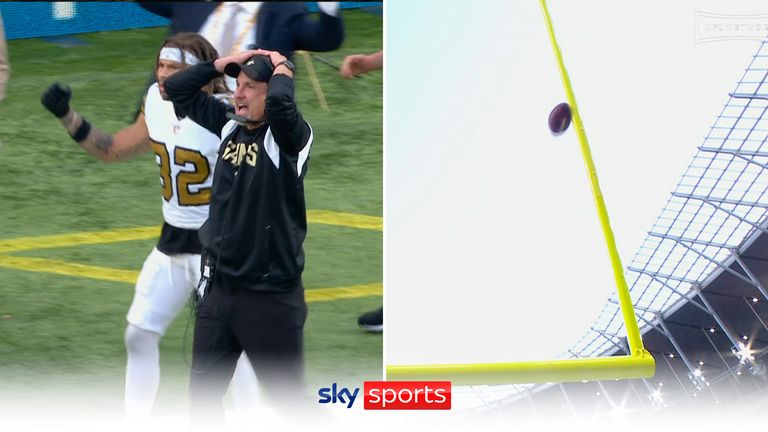 New Orleans Saints miss a Lutz field goal in the last seconds as the ball hits post and bar