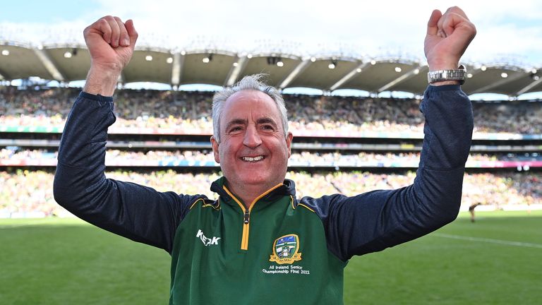 31 July 2022; Meath manager Eamonn Murray celebrates after his side's victory in the TG4 All-Ireland Ladies Football Senior Championship Final match between Kerry and Meath at Croke Park in Dublin. Photo by Piaras .. M..dheach/Sportsfile 