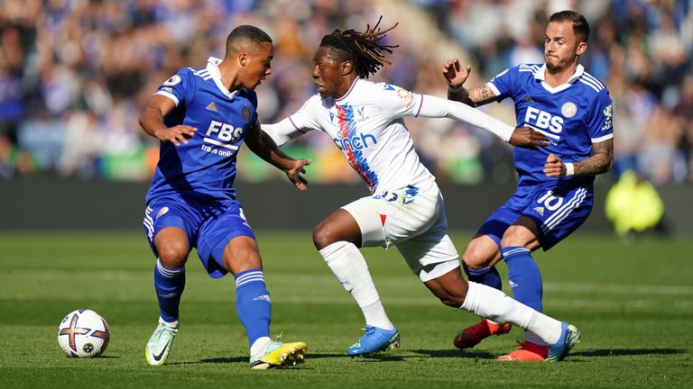 Eberechi Eze of Crystal Palace evades Leicester's Youri Tielemans and James Maddison
