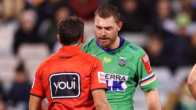 CANBERRA, AUSTRALIA - MAY 22: Elliott Whitehead of the Raiders speaks to referee Gerard Sutton during the round 11 NRL match between the Canberra Raiders and the Melbourne Storm at GIO Stadium, on May 22, 2021, in Canberra, Australia. (Photo by Mark Kolbe/Getty Images)