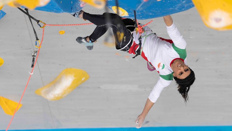 Iranian athlete Elnaz Rekabi competes during the women's Boulder & Lead final during the IFSC Climbing Asian Championships in Seoul (Rhea Khang/International Federation of Sport Climbing via AP)