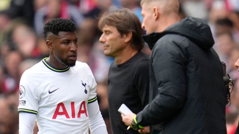 Tottenham&#39;s Emerson Royal walks off the field after he was shown a red card