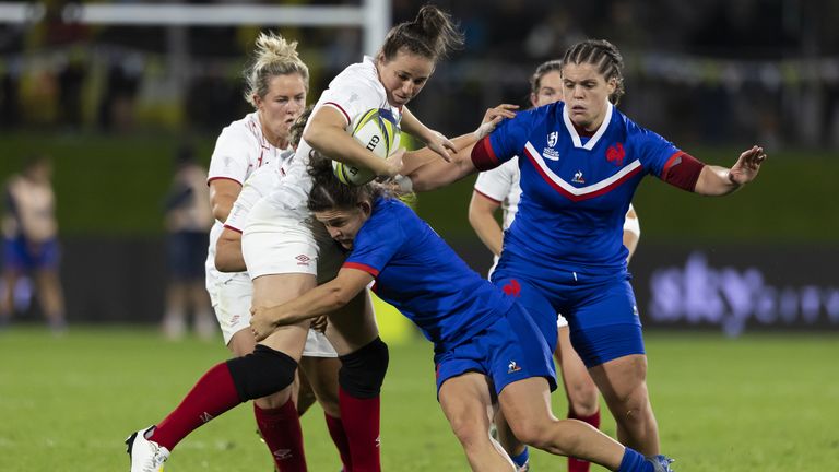 England's Emily Scarratt is tackled during the Women's Rugby World Cup pool C match at Northland Events Centre, Whangarei, New Zealand. Picture date: Saturday October 15, 2022.