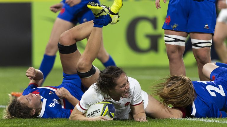 England's Emily Scarratt dives over to score a try during the Women's Rugby World Cup pool C match at Northland Events Centre, Whangarei, New Zealand. Picture date: Saturday October 15, 2022.