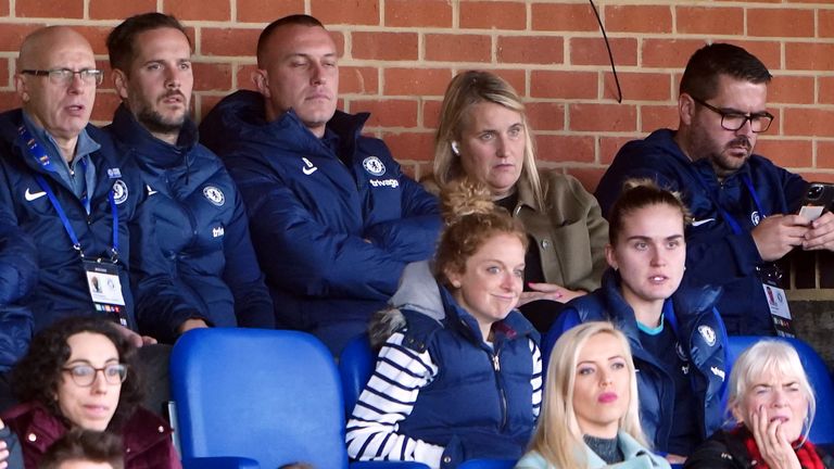 Chelsea manager Emma Hayes watches from the stands