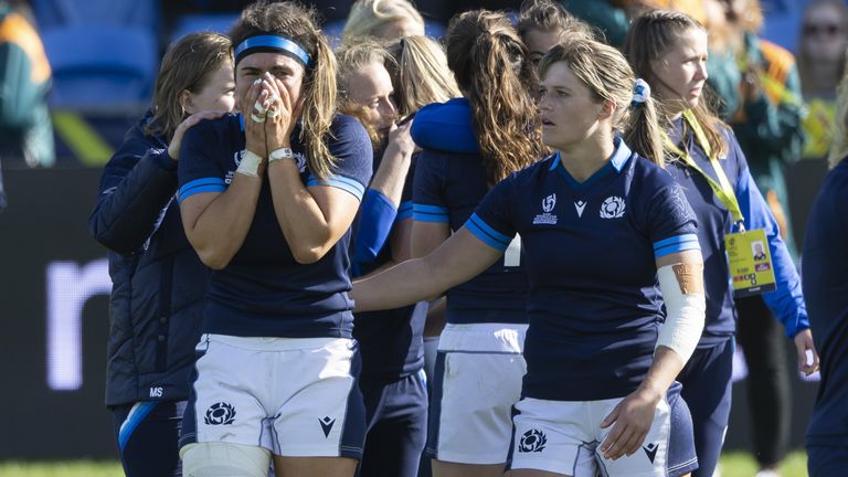 Emma Wassell and Hannah Smith console each other after Scotland suffered a dramatic 14-12 loss to Australia