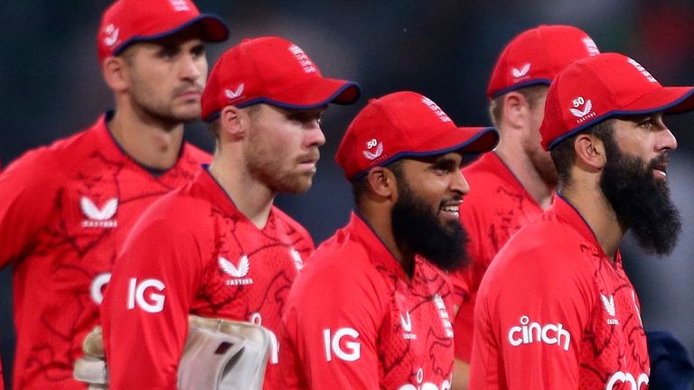 England&#39;s players leave the field after winning the seventh twenty20 cricket match against Pakistan, in Lahore, Pakistan, Sunday, Oct. 2, 2022. (AP Photo/K.M. Chaudary)