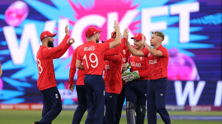 England players celebrate following the dismissal of Afghanistan batsman Ibrahim Zadran from the bowling of Sam Curran (right) during the ICC Men&#39;s T20 World Cup group match at the Optus Stadium, Perth. Picture date: Saturday October 22, 2022.