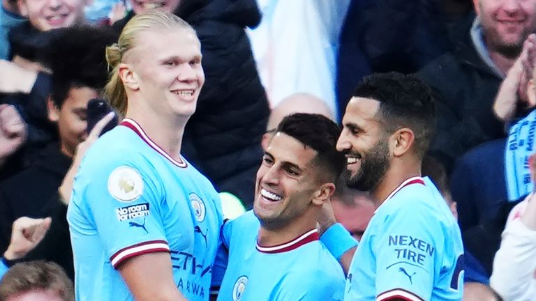 Erling Haaland is congratulated by team-mates after putting Man City 4-0 up against Southampton