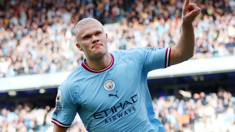 Erling Haaland celebrates after opening the scoring for Man City against Brighton