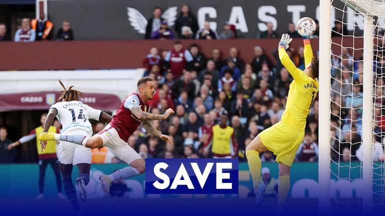Kepa Arrizabalaga makes an incredible point-blank save to keep out Danny Ings' header and preserve Chelsea's 1-0 lead against Aston Villa.