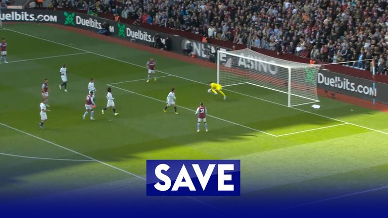 Chelsea goalkeeper Kepa Arrizabalaga makes a fine double save to deny Aston Villa an equaliser before the flag goes up for offside.