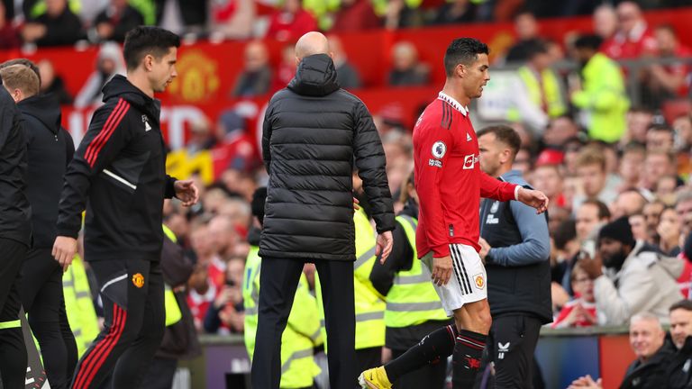 MANCHESTER, ENGLAND - OCTOBER Cristiano Ronaldo of Manchester United walks off after being substituted during the Premie League match between Manchester United and Newcastle United at Old Trafford on October 16, 2022 in Manchester, United Kingdom. (Photo by Matthew Ashton - AMA/Getty Images)