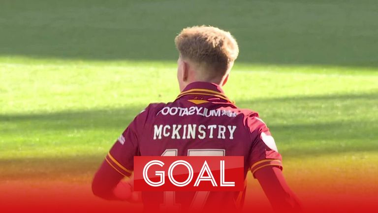 Stuart McKinstry's free kick sails in over Allan McGregor to give Motherwell hope against Rangers as they trail 2-1.