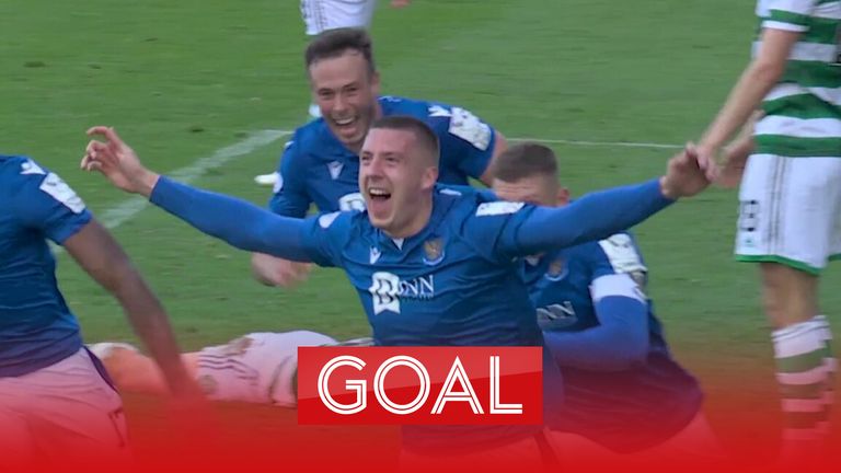 St Johnstone&#39;s Alex Mitchell slots an injury-time equaliser against Celtic to make it 1-1.
