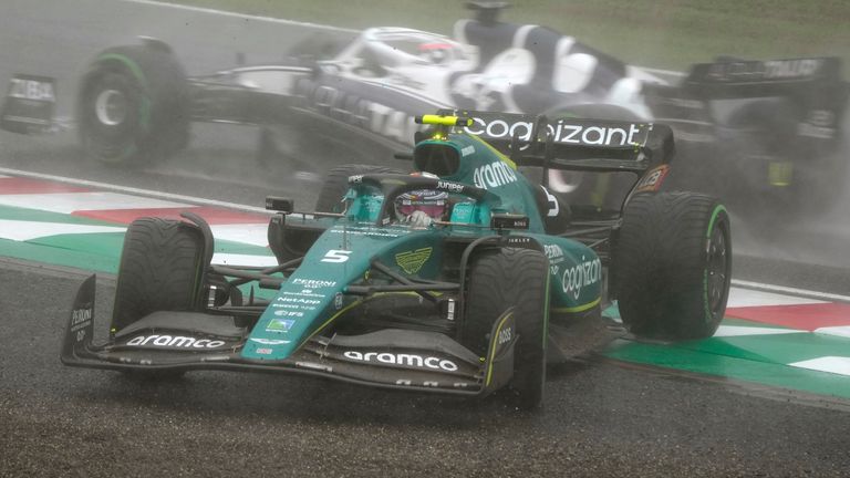 Aston Martin driver Sebastian Vettel of Germany sleds during the Japanese Formula One Grand Prix at the Suzuka Circuit in Suzuka, central Japan, Sunday, Oct. 9, 2022. (AP Photo/Eugene Hoshiko)
