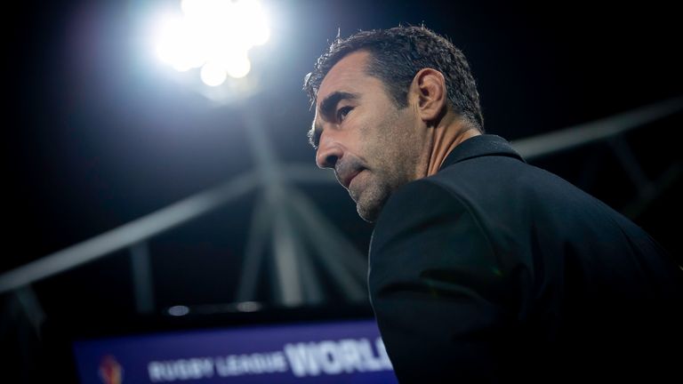 Picture by Allan McKenzie/SWpix.com - 22/10/2022 - Rugby League - Rugby League World Cup 2021 - England v France - University of Bolton Stadium, Bolton, England - French coach Laurent Frayssinous dejected after his side's loss to England.