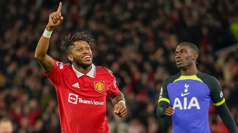 Manchester United&#39;s Fred celebrates after his team&#39;s first goal