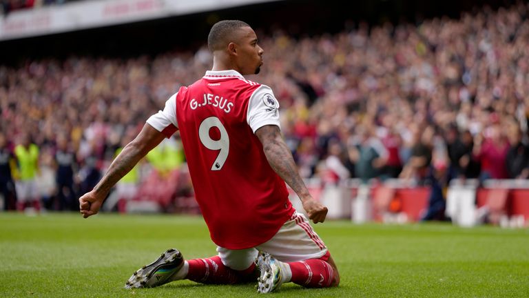 Arsenal&#39;s Gabriel Jesus celebrates after scoring his side&#39;s second goal