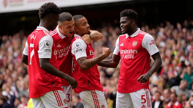 Arsenal's Gabriel Jesus, second right, celebrates with his team-mates after scoring his side's second goal
