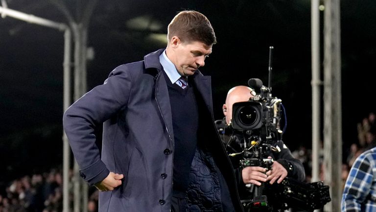 Aston Villa manager Steven Gerrard looks dejected after the Premier League match at Craven Cottage, London. Picture date: Thursday October 20, 2022.
