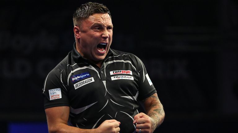 Gerwyn Price celebrates after winning a leg during Day Four of the BoyleSports World Grand Prix at the Morningside Arena, Leicester, on Thursday 6th October 2022.
