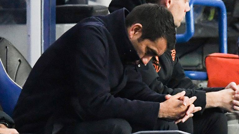 GLASGOW, SCOTLAND - OCTOBER 12: Rangers manager Giovanni van Bronckhorst  look dejected during a UEFA Champions League match between Rangers and Liverpool at Ibrox Stadium, on October 12, 2022, in Glasgow, Scotland. (Photo by Craig Foy / SNS Group)