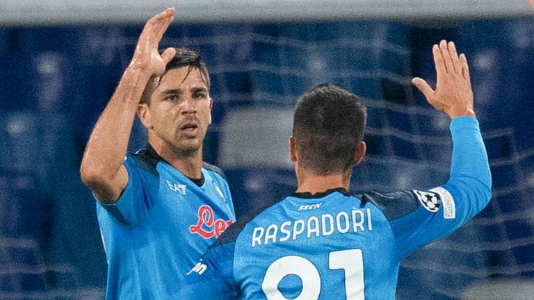 Napoli's Giovanni Simeone celebrates making it 1-0 vs Rangers