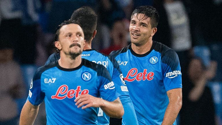 Napoli's Giovanni Simeone celebrates as he makes it 2-0 vs Rangers