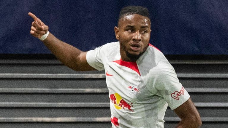 RB Leipzig&#39;s Christopher Nkunku celebrates scoring to make it 1-0 against Celtic