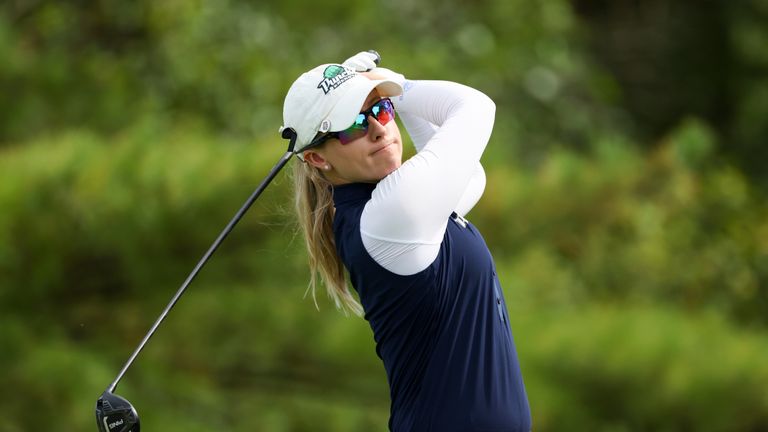 CINCINNATI, OH - SEPTEMBER 10: Jodi Ewart Shadoff of England watches her tee shot on the 5th hole during the third round of the Kroger Queen City Championship on September 10, 2022, at Kenwood Country Club in Cincinnati, OH.