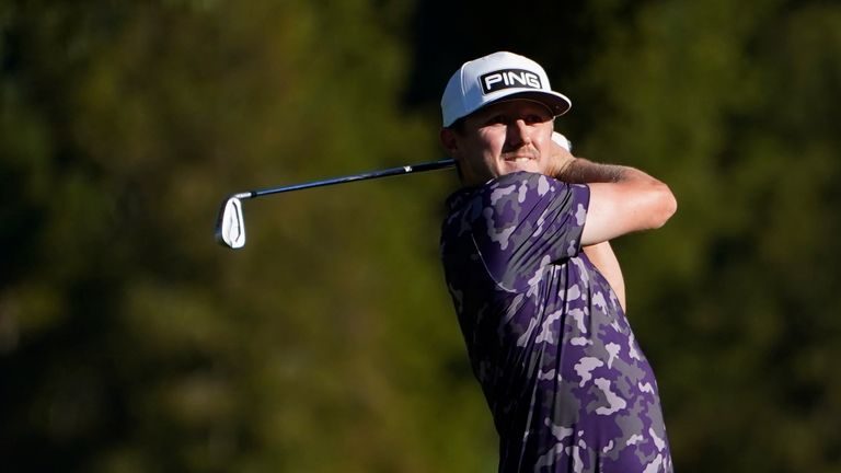 Mackenzie Hughes, of Canada, watches his shot from the 18th fairway during the second day of the Sanderson Farms Championship golf tournament in Jackson, Miss., Friday, Sept. 30, 2022.