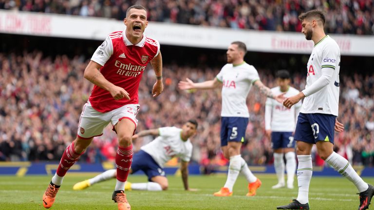 Arsenal&#39;s Granit Xhaka celebrates after scoring his side&#39;s third goal