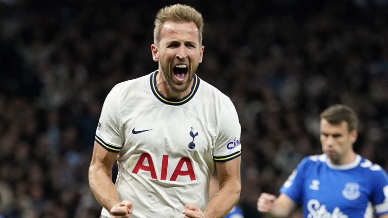 Harry Kane comemora pelo Spurs contra o Everton