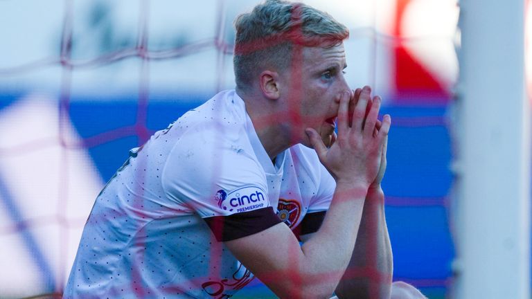 ABERDEEN, SCOTLAND - OCTOBER 16: Hearts&#39; Alex Cochrane can&#39;t believe he&#39;s missed a chance during a cinch Premiership match between Aberdeen and Heart of Midlothian at Pittodrie, on October 16, 2022, in Aberdeen, Scotland. (Photo by Craig Foy / SNS Group)