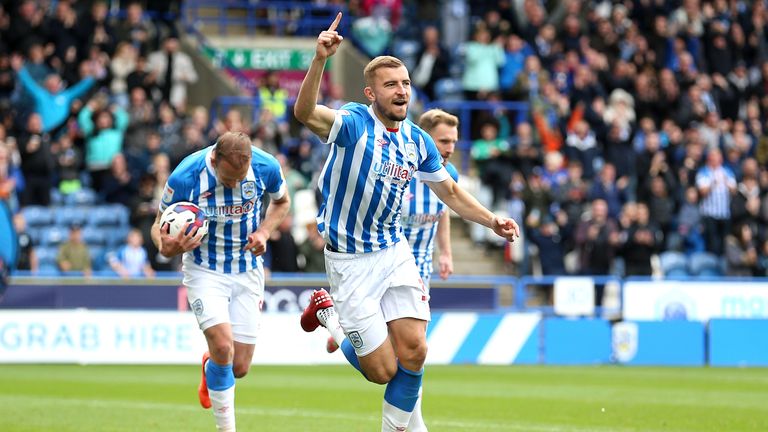 Michal Helik celebrates after scoring for Huddersfield
