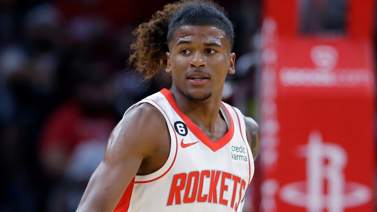 Houston Rockets guard Jalen Green during the first half of an NBA basketball game against the San Antonio Spurs Sunday, Oct. 2, 2022, in Houston. (AP Photo/Michael Wyke)