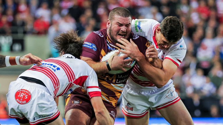 Picture by Alex Whitehead/SWpix.com - 02/10/2022 - Rugby League - Betfred Championship Grand Final - Leigh Centurions vs Batley Bulldogs - Leigh Sports Village, Leigh, England - Batley’s James Brown is tackled by Leigh’s Joe Mellor and Sam Stone.