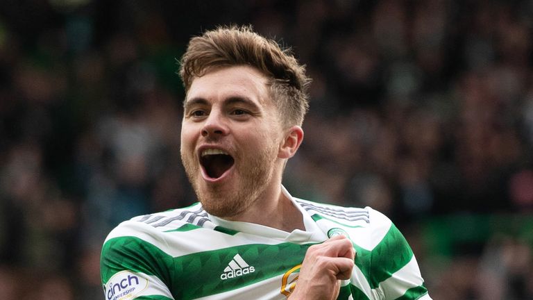 GLASGOW, SCOTLAND - OCTOBER 15: James Forrest celebrates after scoring to make it 4-1 Celtic. during a cinch Premiership match between Celtic and Hibernian at Celtic Park, on October 15, 2022, in Glasgow, Scotland. (Photo by Craig Foy / SNS Group)