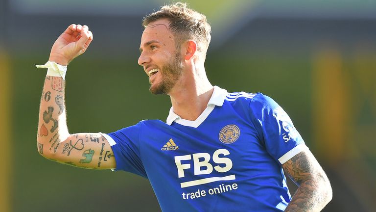 James Maddison celebrates after scoring Leicester's third goal against Wolves